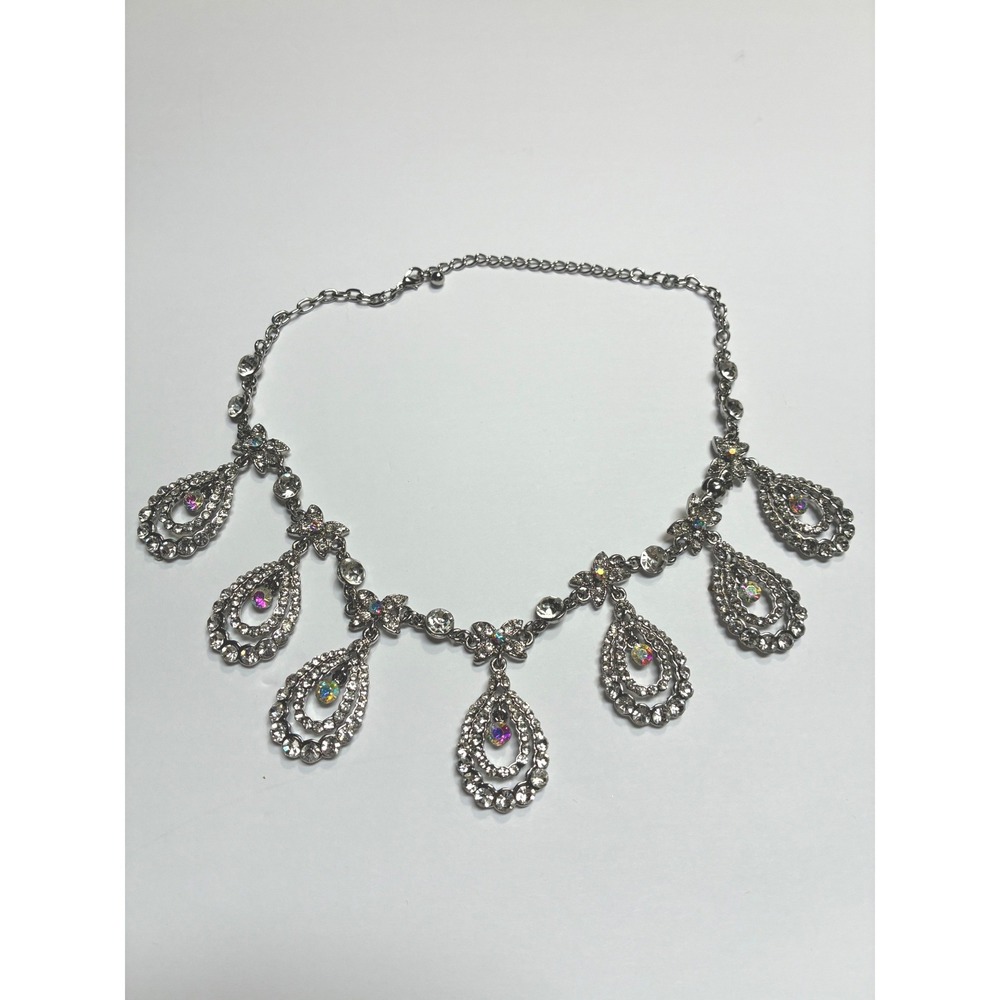Gunmetal AB Crystal Teardrop Statement Necklace Iridescent Rhinestone Bib 20.5in